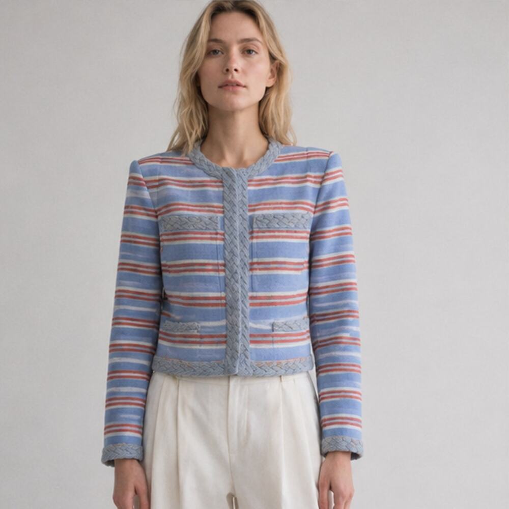 Veronica Beard Arrowe Jacket Blazer Womens 12 Blue Multi Striped Crewneck NWT